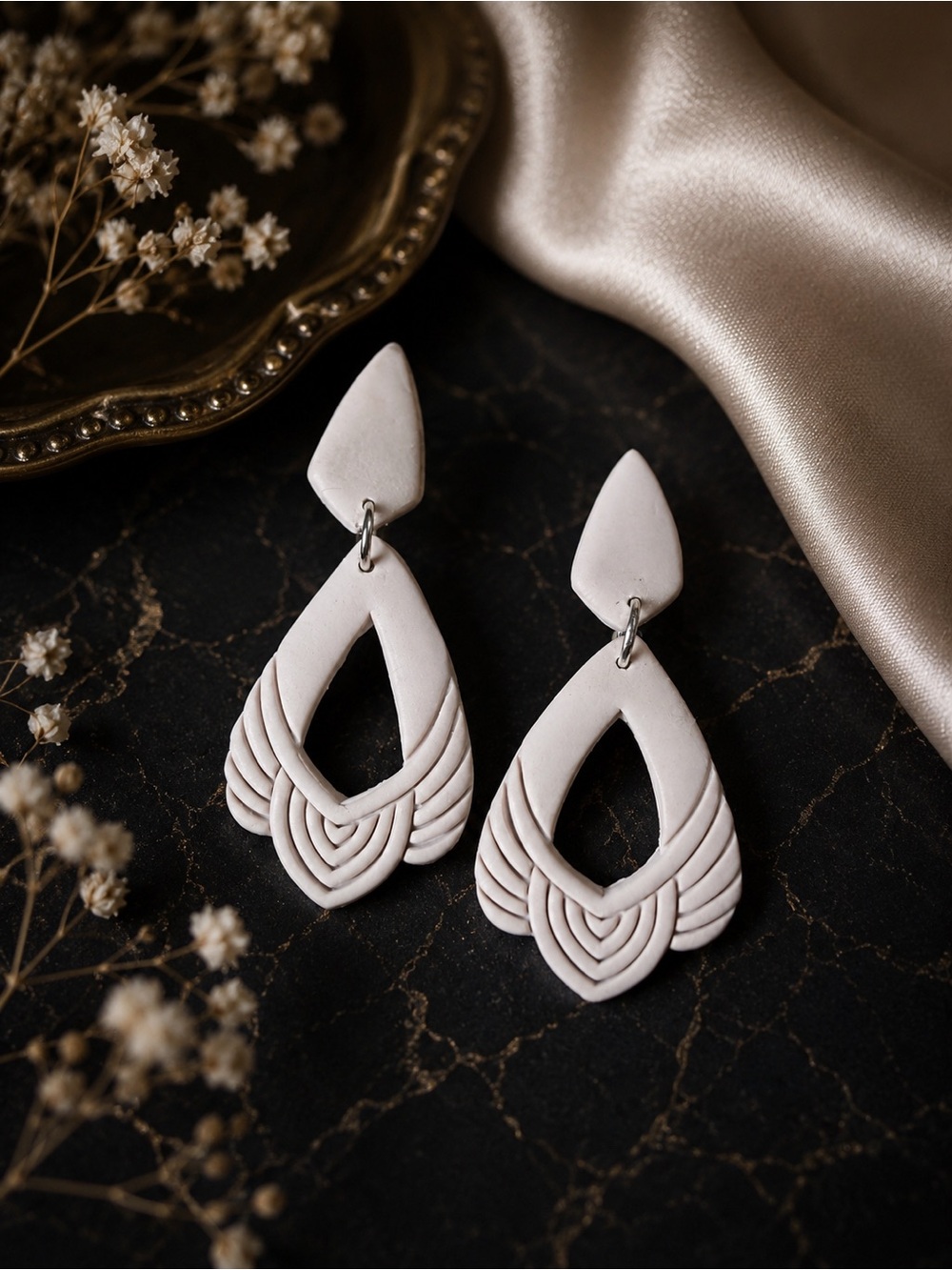Handmade White Teardrop Dangle Handmade Polymer Clay Earrings – Lightweight